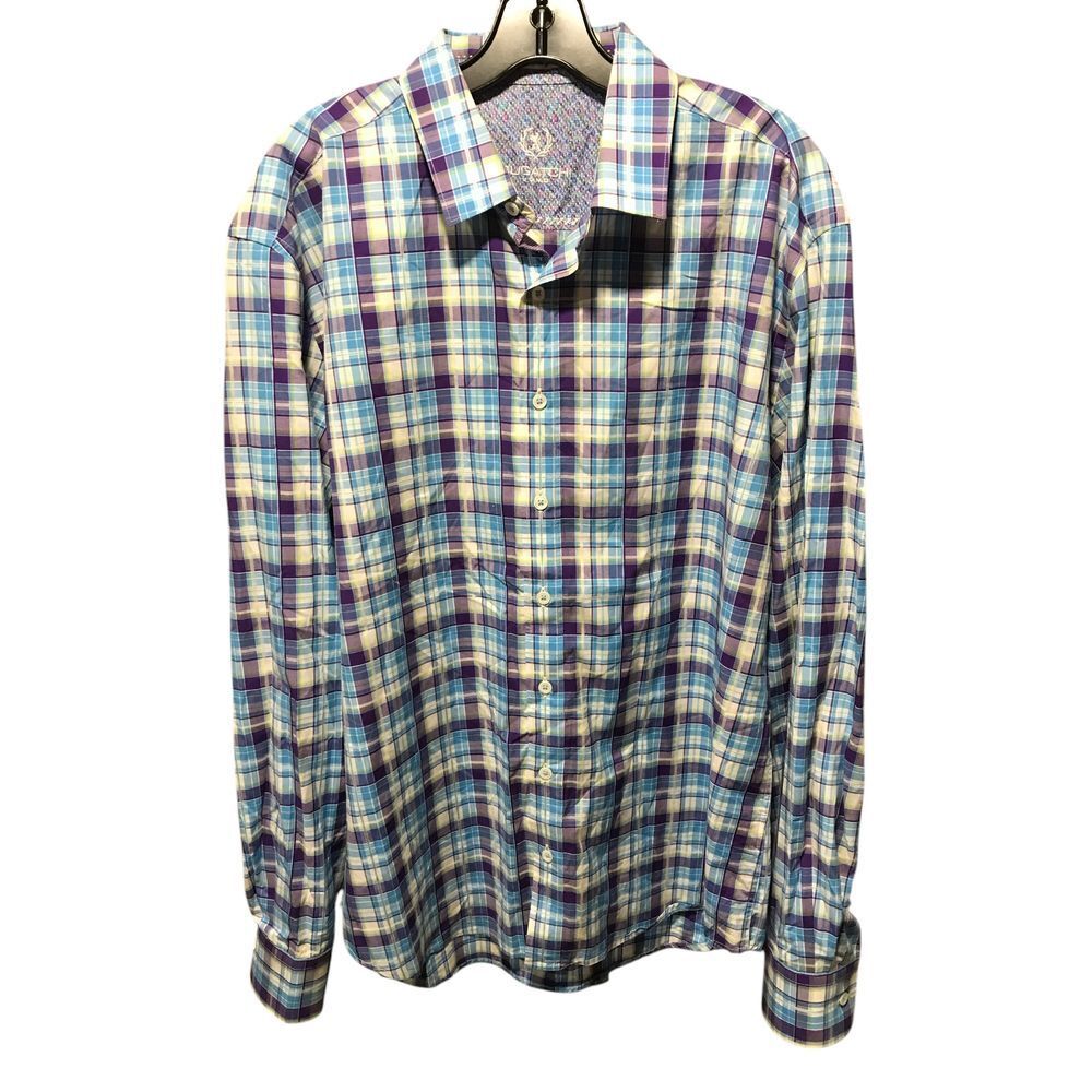 Bugatchi White Purple Blue Plaid Button down Long Sleeve Men's Dress Shirt‎